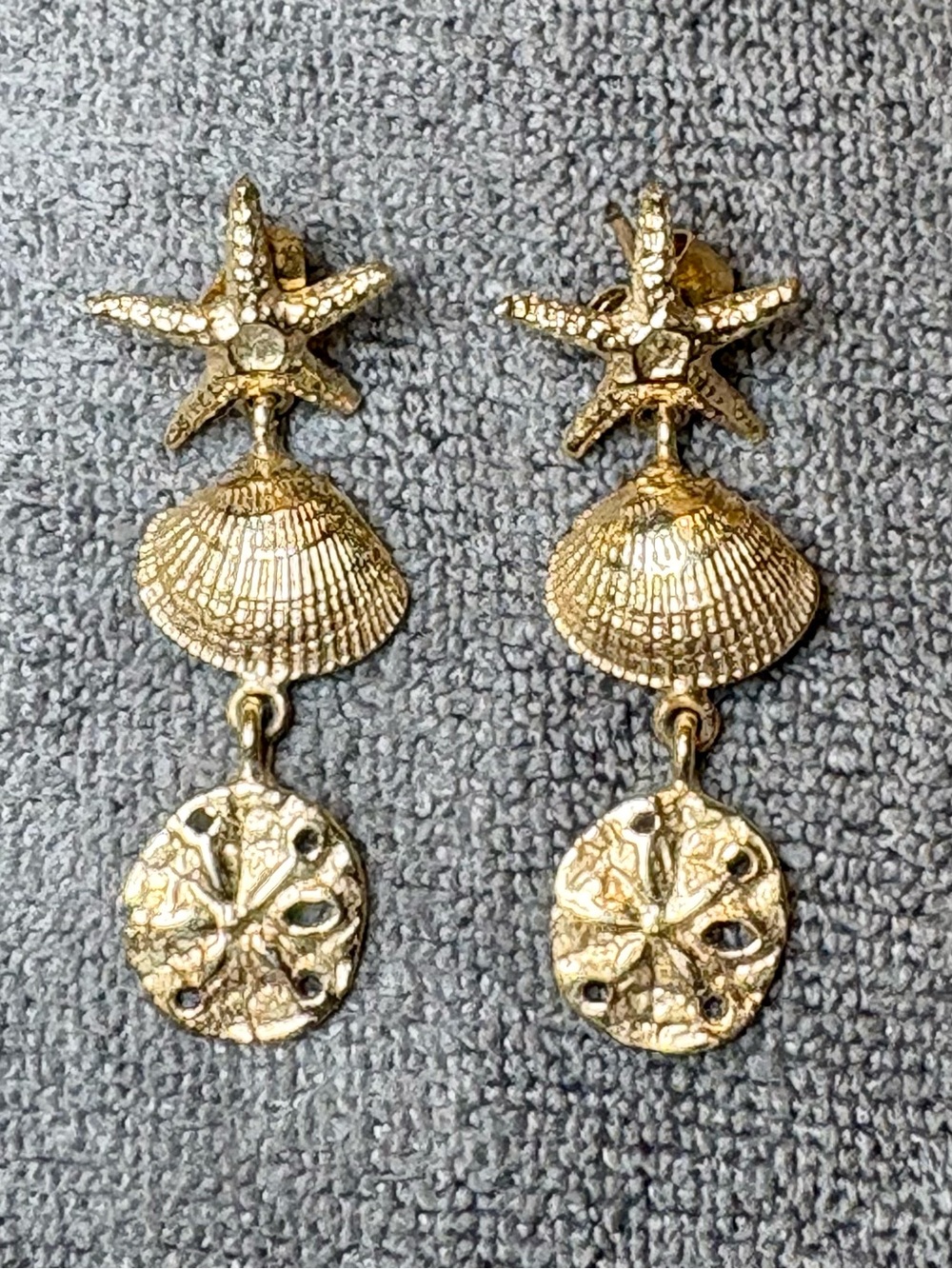 Gold Sea Life Drop Earrings with Starfish, Shell & Sand Dollar